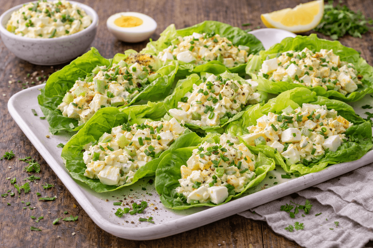 Low Carb Eier-Salat-Wraps in Kopfsalatblättern - High Protein Rezept von Fitness Küche