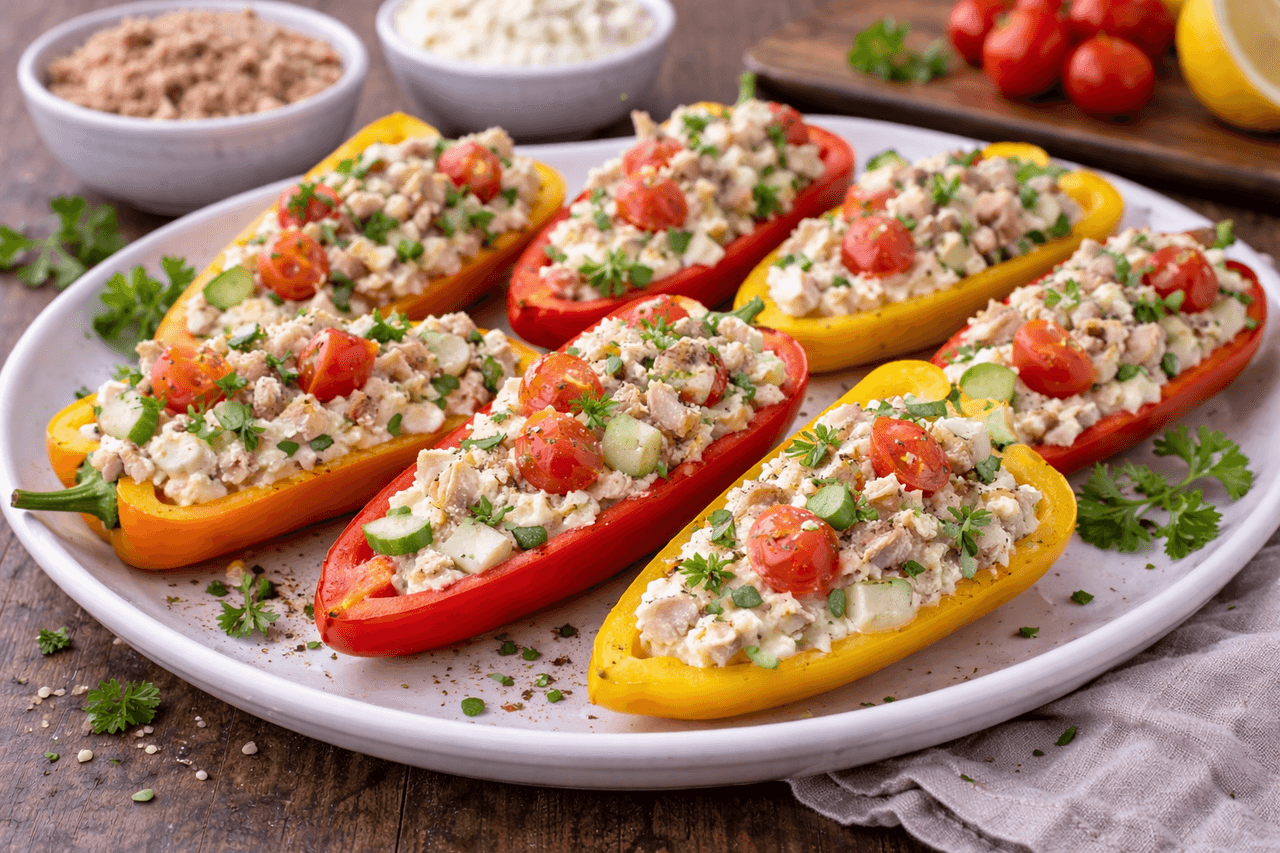 High Protein Hüttenkäse-Paprika-Boote mit Thunfisch - High Protein Rezept von Fitness Küche