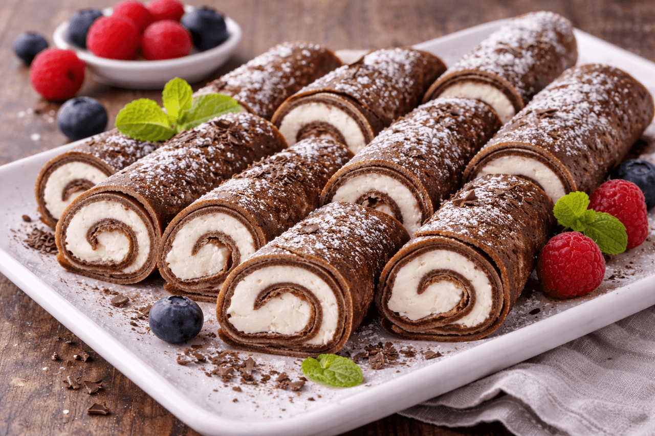 Protein-Schoko-Pfannkuchen-Röllchen mit Quarkfüllung - High Protein Rezept von Fitness Küche