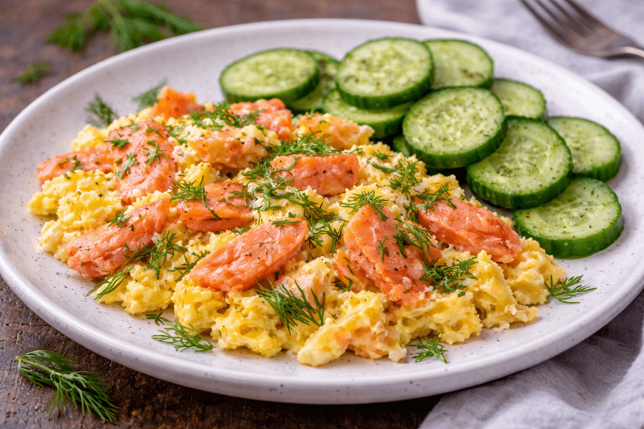 Low Carb Lachs-Rührei mit Kräutern & Gurken - High Protein Rezept von Fitness Küche