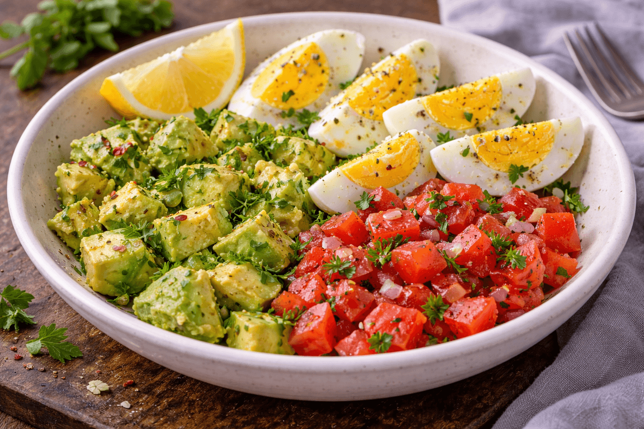 Low Carb Avocado-Ei-Bowl mit Tomaten & Zitrone - High Protein Rezept von Fitness Küche