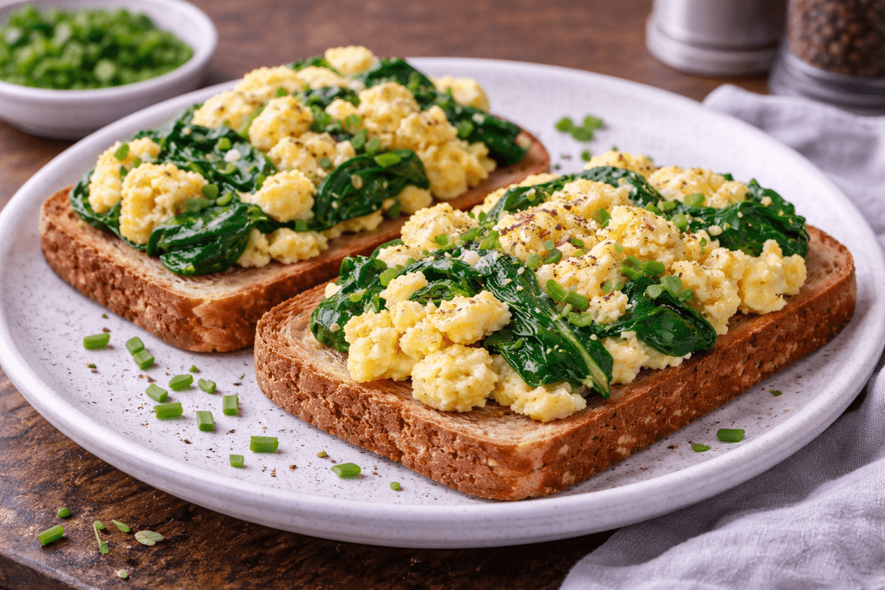 High Protein Frühstücks-Toast mit Rührei & Spinat - High Protein Rezept von Fitness Küche