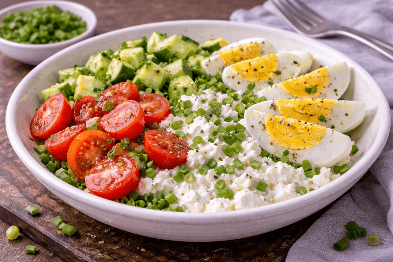 Low Carb Frühstücks-Salat mit Hüttenkäse, Gurke & Ei - High Protein Rezept von Fitness Küche
