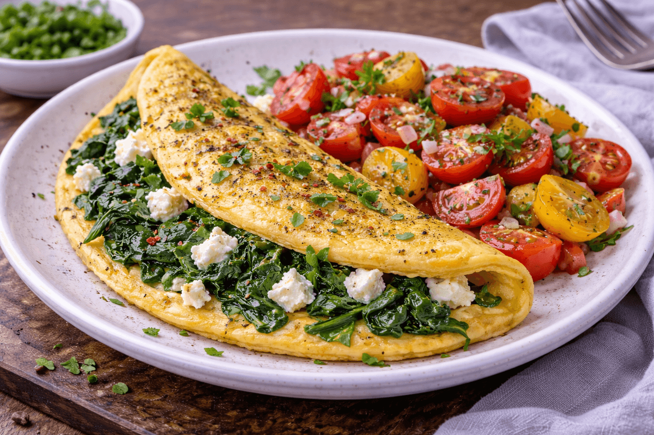 Low Carb Spinat-Feta-Omelett mit Tomaten-Salat - High Protein Rezept von Fitness Küche