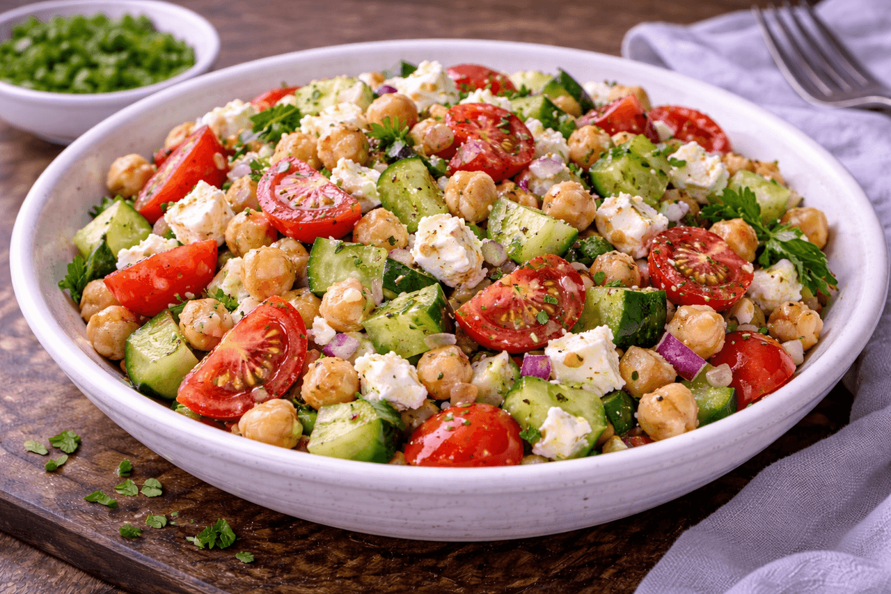 High Protein Kichererbsen-Feta-Salat mit Zitronen-Dressing - Sättigender Salat mit Kichererbsen, Feta und frischem Gemüse – perfekt für die Lunchbox. Das Zitronen-Dressing macht ihn leicht und richtig frisch. - Fitness Küche Rezept mit Nährwertberechnung