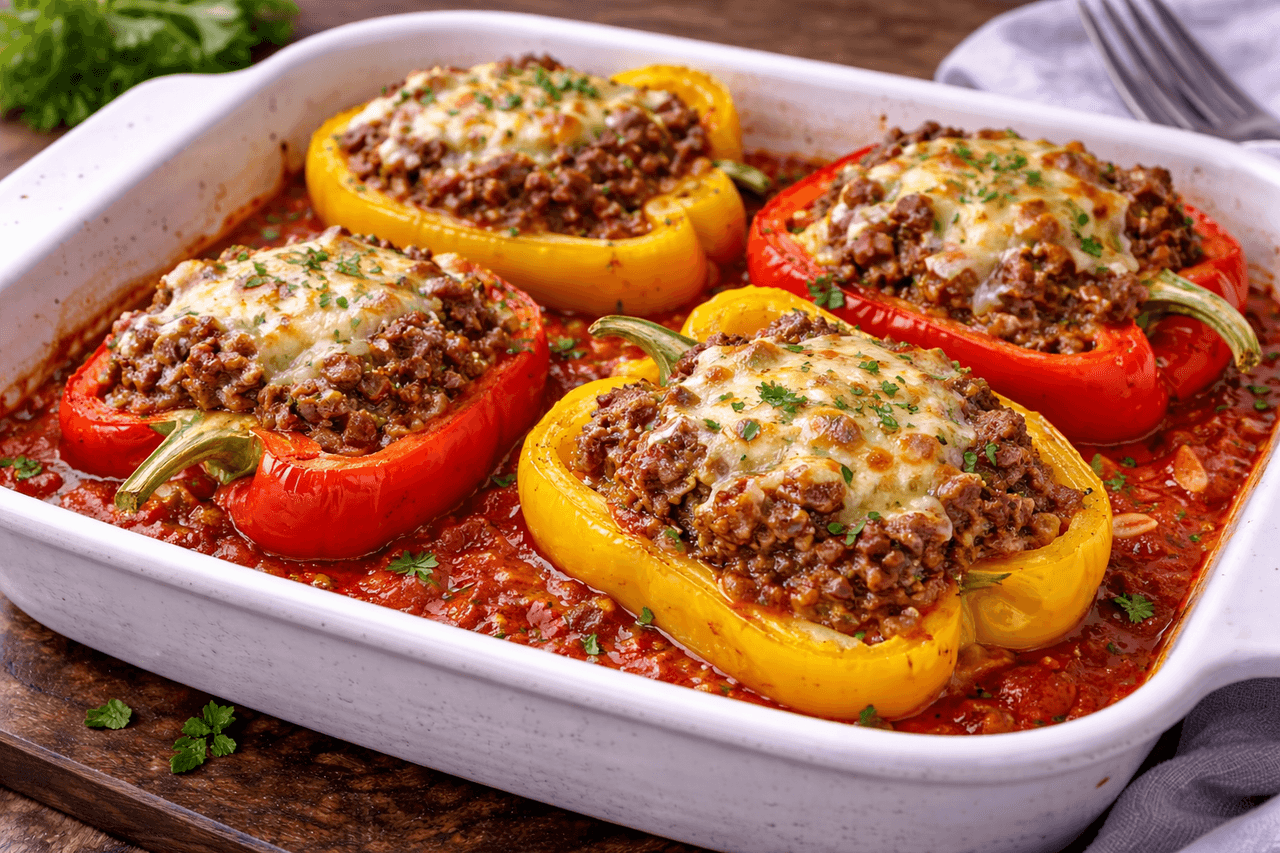 Low Carb Gefüllte Paprika mit Rinderhack & Tomatensauce - Gefüllte Paprika sind ein Klassiker, der einfach funktioniert: würziges Rinderhack, leichte Tomatensauce und wenig Kohlenhydrate. Perfekt als warmes Meal-Prep-Mittagessen. - Fitness Küche Rezept mit Nährwertberechnung