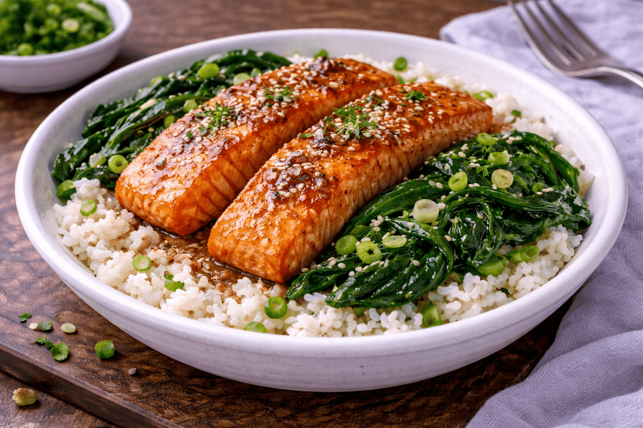 High Protein Lachs-Reis-Bowl mit Spinat & Sesam - Saftiger Lachs auf Reis mit Spinat und einer schnellen Sesam-Soja-Note. Ein bewährtes Bowl-Mittagessen, das ausgewogen ist und richtig satt macht. - Fitness Küche Rezept mit Nährwertberechnung