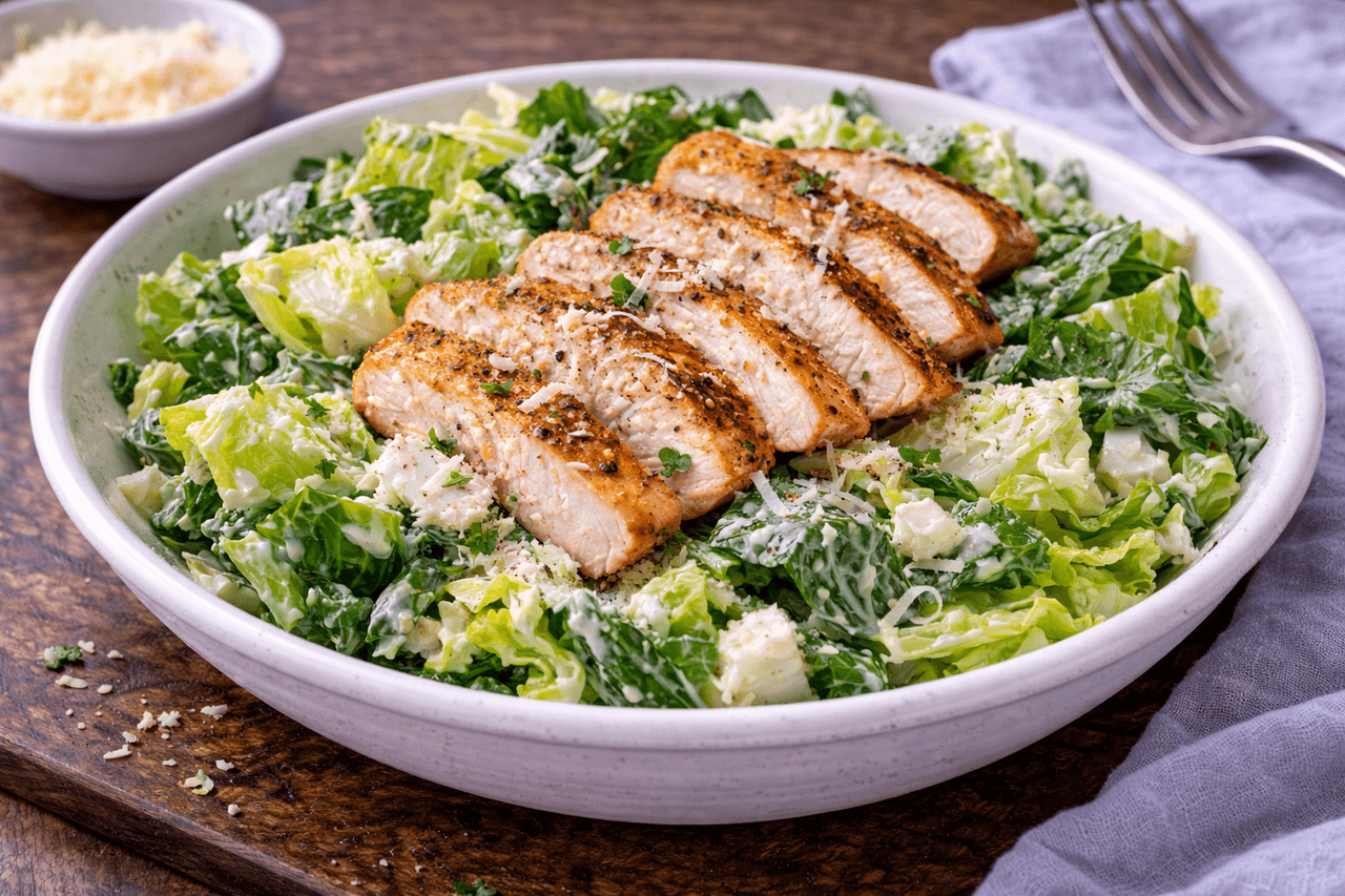Low Carb Caesar-Salat light mit Hähnchen & Joghurt-Dressing - Caesar-Vibes ohne schwere Mayo: cremiges Joghurt-Dressing, knuspriger Salat und saftiges Hähnchen. Ein klassisches Mittagessen, nur fitnessfreundlicher. - Fitness Küche Rezept mit Nährwertberechnung