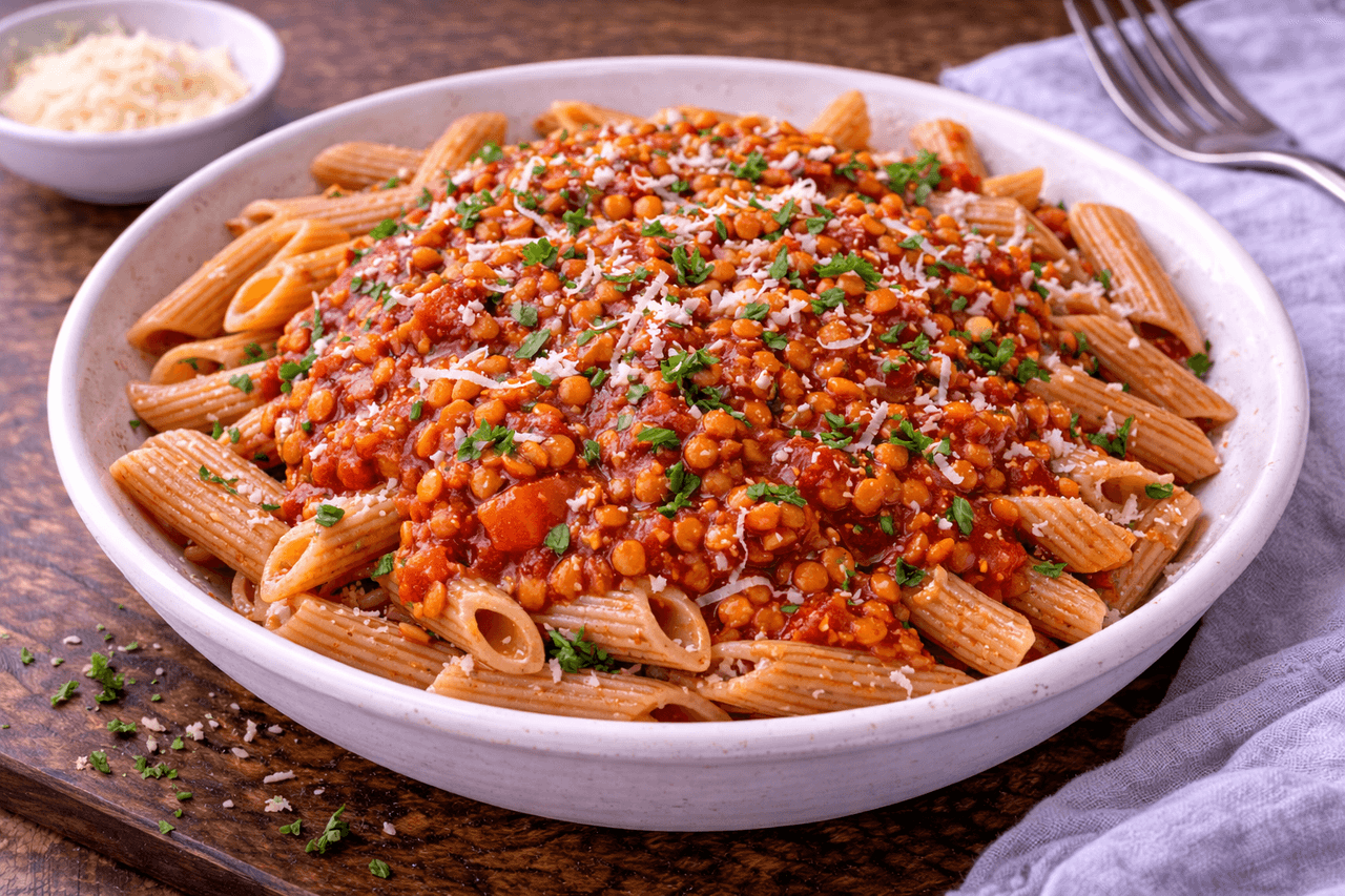 High Protein Linsen-Bolognese mit Vollkornpasta - Klassische Bolognese-Feeling, aber leichter: rote Linsen liefern Protein und machen die Sauce angenehm sämig. Mit Vollkornpasta ein perfektes Fitness-Mittagessen. - Fitness Küche Rezept mit Nährwertberechnung