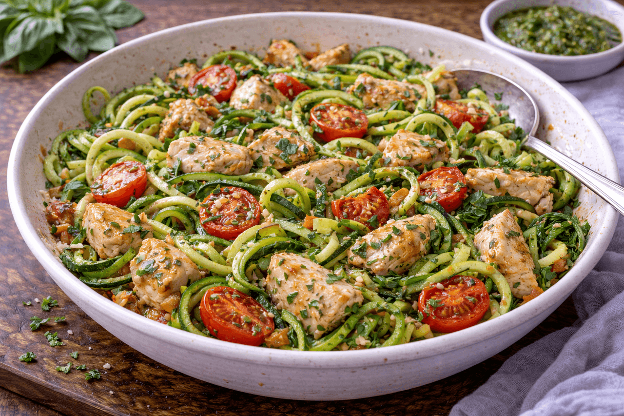 Low Carb Zucchini-Nudel-Pfanne mit Hähnchen & Pesto - Zoodles statt Pasta: eine schnelle Pfanne mit Hähnchen und einem kleinen Klecks Pesto für viel Geschmack. Low carb, aber trotzdem richtig befriedigend. - Fitness Küche Rezept mit Nährwertberechnung