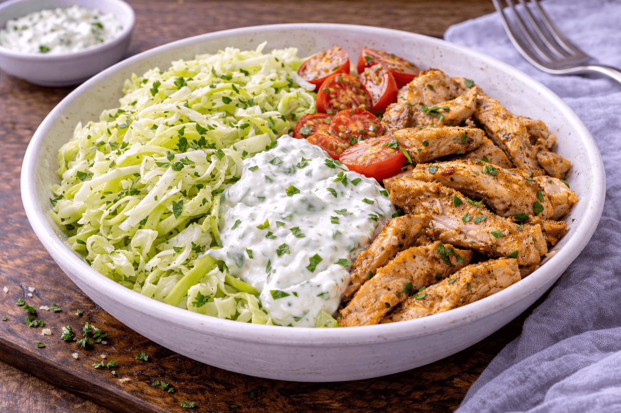 High Protein Puten-Pita-Bowl mit Tzatziki & Krautsalat - Alles, was an Pita Gyros gut ist – nur als Bowl: würzige Pute, frisches Kraut und cremiges Tzatziki. Meal-Prep-tauglich und angenehm leicht. - Fitness Küche Rezept mit Nährwertberechnung