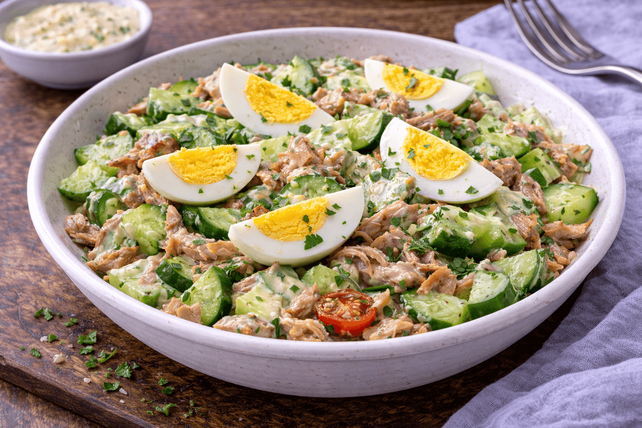 Low Carb Thunfisch-Gurken-Salat mit Ei & Senf-Joghurt - Schneller Thunfischsalat ohne Brot: knackige Gurke, Ei und ein leichter Senf-Joghurt-Dip. Perfekt, wenn du mittags low carb und trotzdem sättigend essen willst. - Fitness Küche Rezept mit Nährwertberechnung