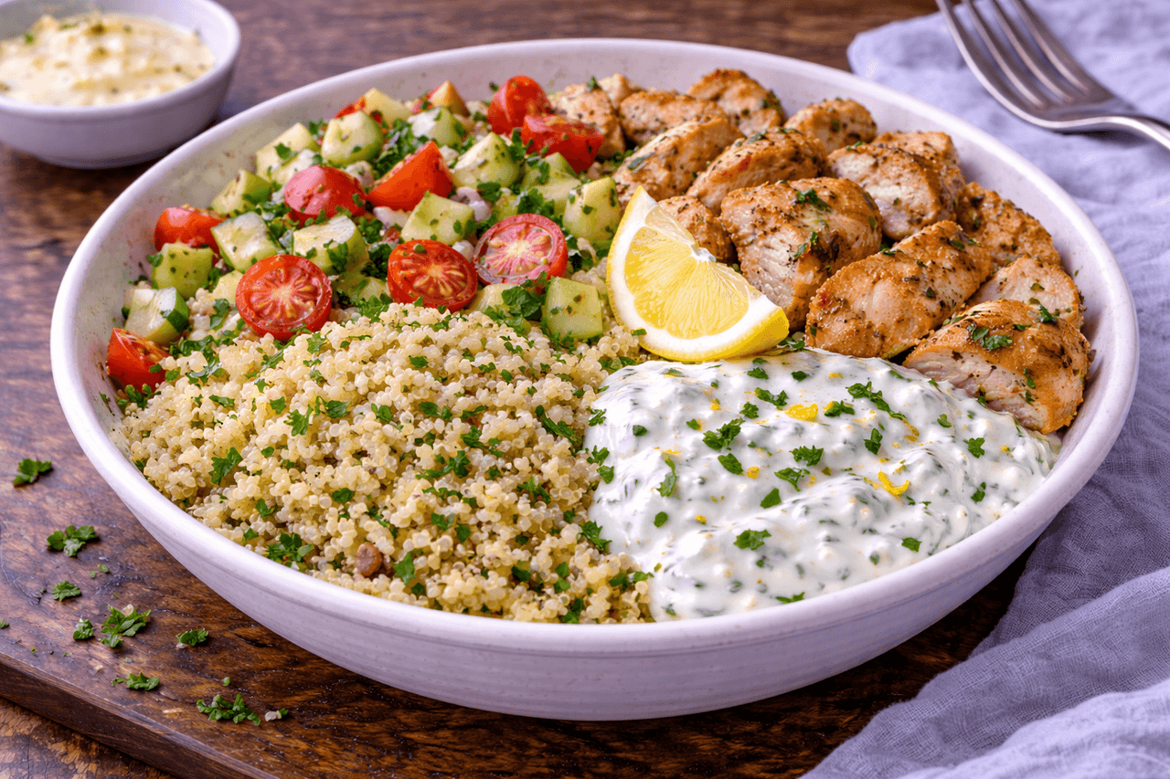 High Protein Hähnchen-Quinoa-Bowl mit Zitronen-Joghurt - Saftige Hähnchenbrust auf lockerer Quinoa mit Gurke, Tomate und einem frischen Zitronen-Joghurt-Dressing. Ideal als leichtes Meal-Prep-Mittagessen mit ordentlich Protein. - Fitness Küche Rezept mit Nährwertberechnung