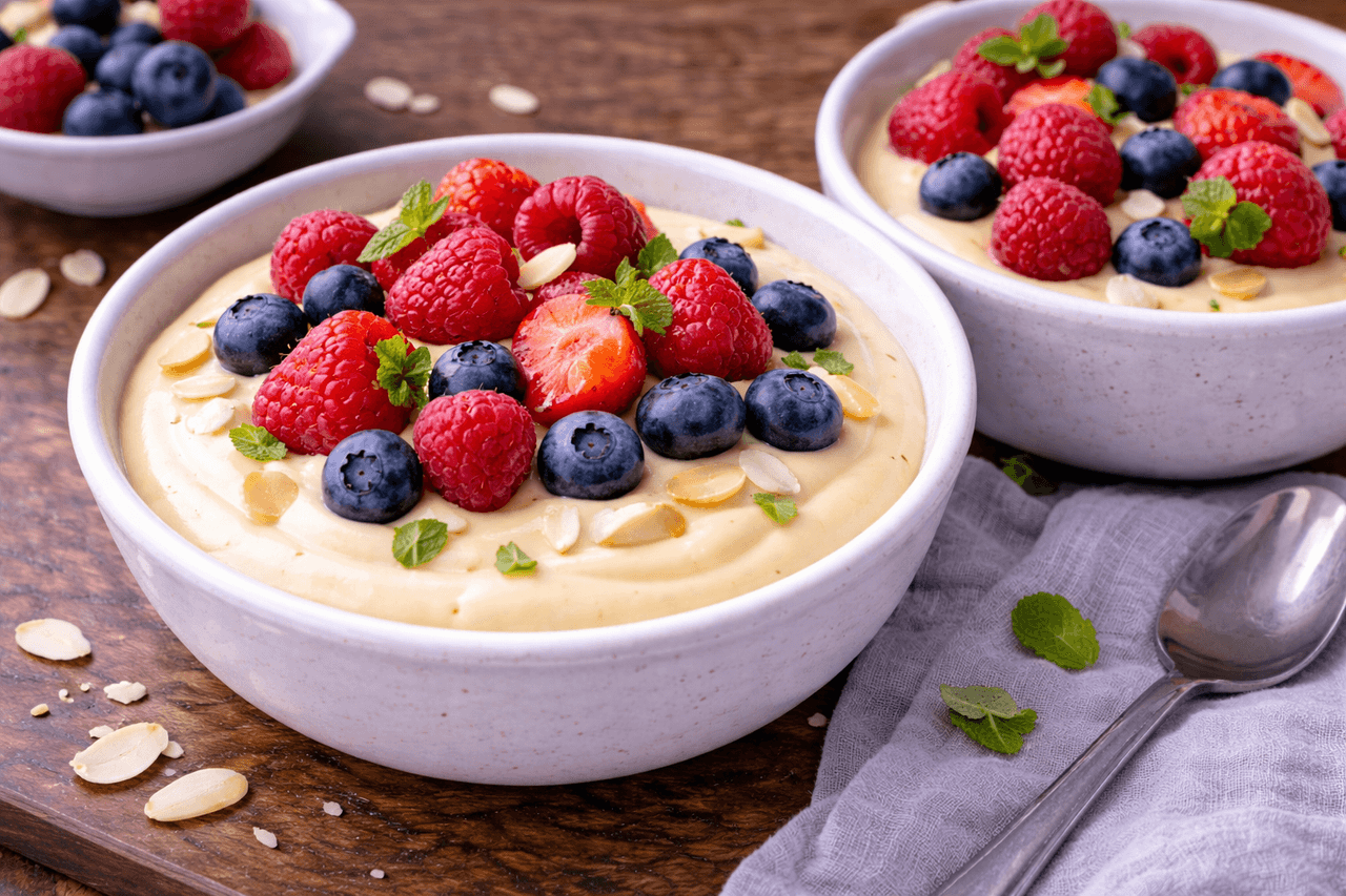 Low Carb Vanille-Mandel-Pudding mit Beeren - High Protein Rezept von Fitness Küche