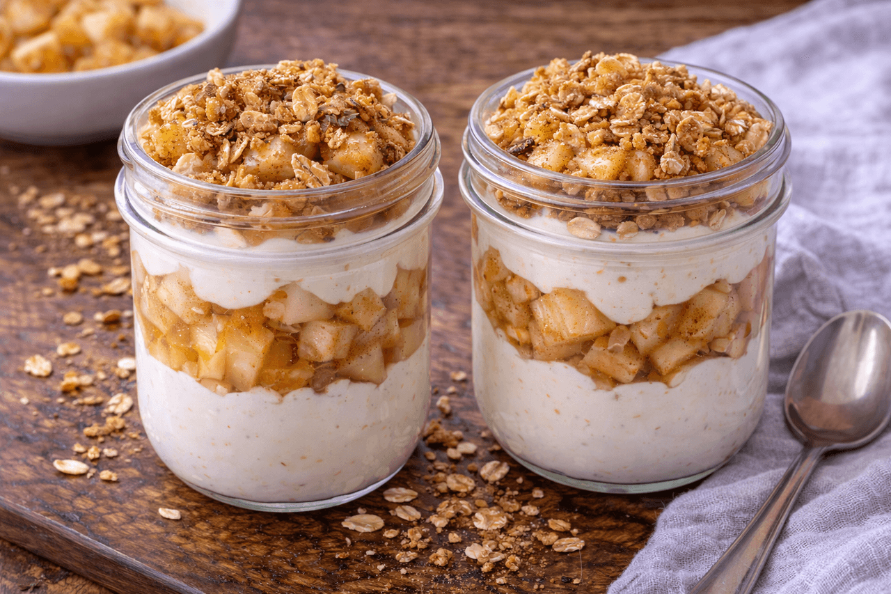 High Protein Apfel-Zimt-Crunch-Joghurt (Knusperglas) - High Protein Rezept von Fitness Küche