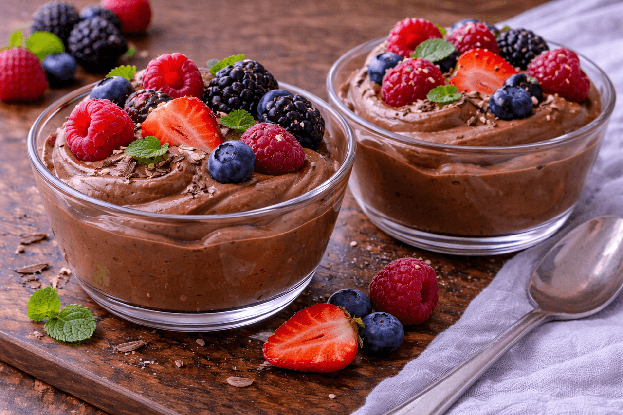 Low Carb Schoko-Avocado-Mousse mit Beeren - High Protein Rezept von Fitness Küche