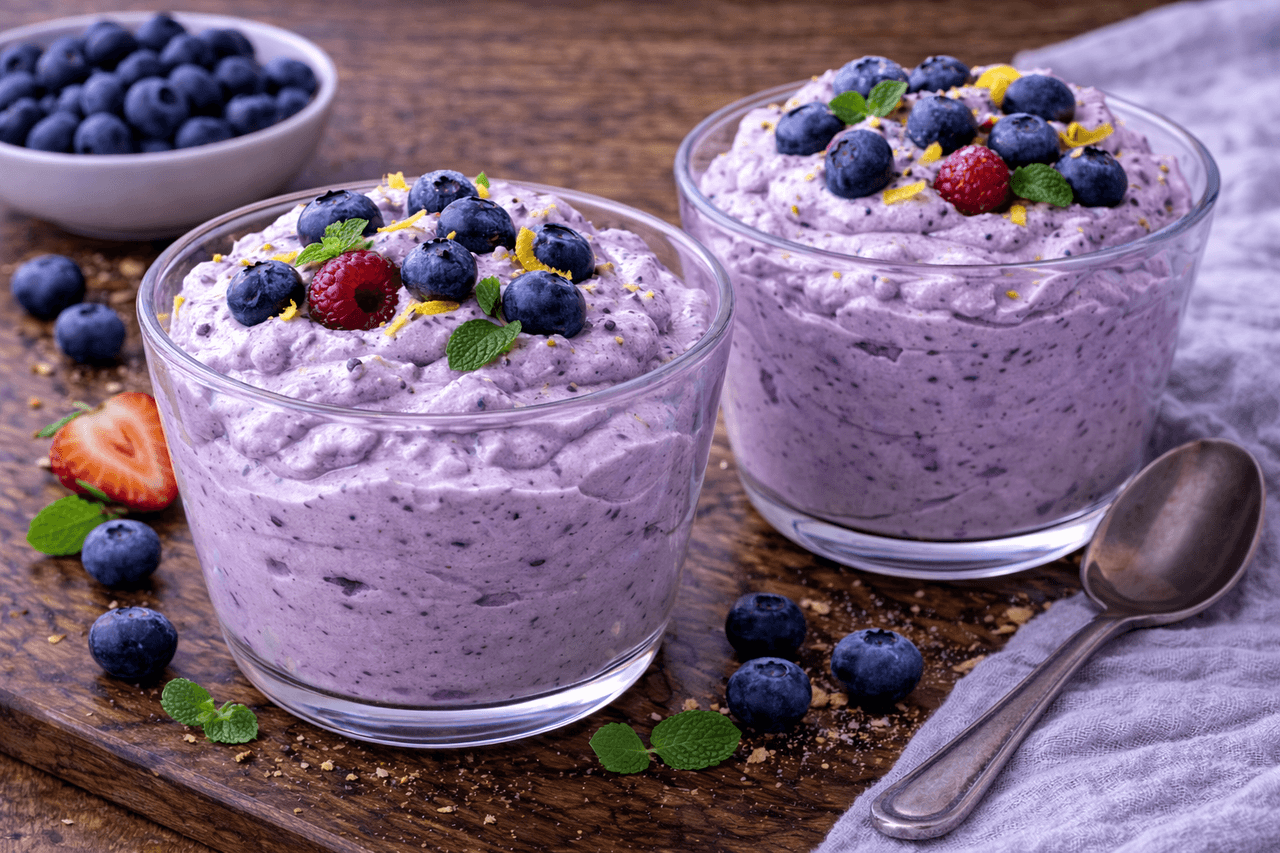 Low Carb Heidelbeer-Quark-Fluff mit Zitronenzeste - High Protein Rezept von Fitness Küche