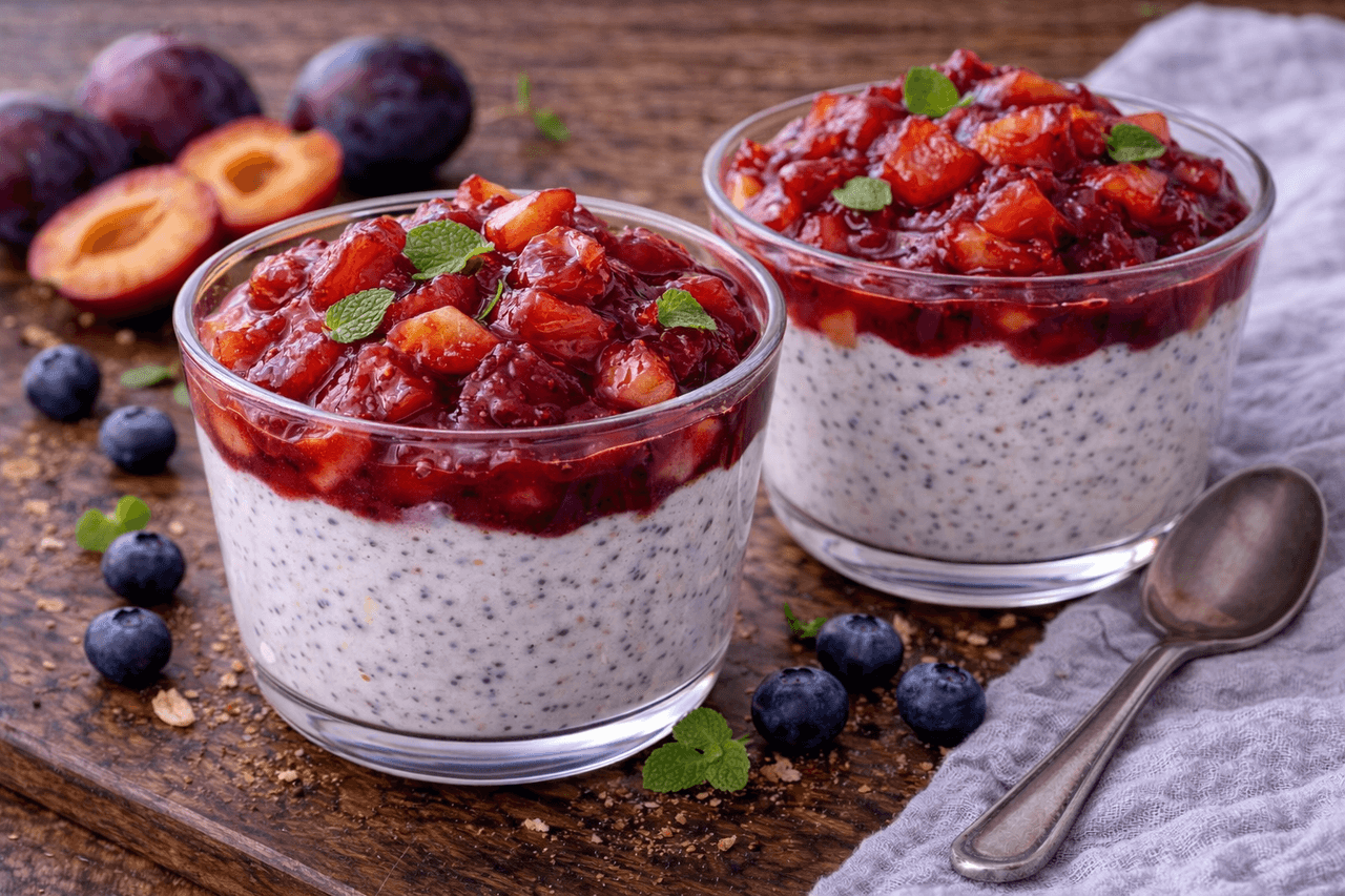 High Protein Quark-Mohn-Dessert mit Pflaumenkompott - High Protein Rezept von Fitness Küche