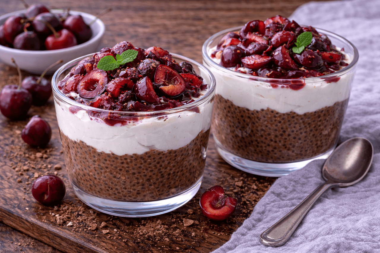 High Protein Schoko-Chia-Pudding mit Skyr & Kirschen - High Protein Rezept von Fitness Küche