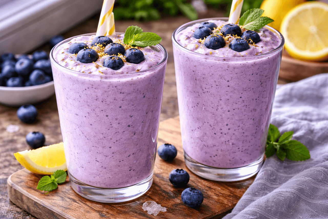 High Protein Blaubeer-Quark-Shake mit Zitrone - High Protein Rezept von Fitness Küche