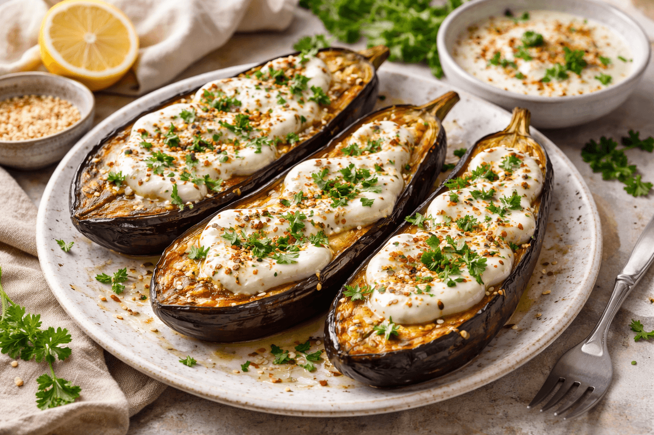 Low Carb Ofen-Auberginen mit Joghurt-Tahini-Sauce - High Protein Rezept von Fitness Küche