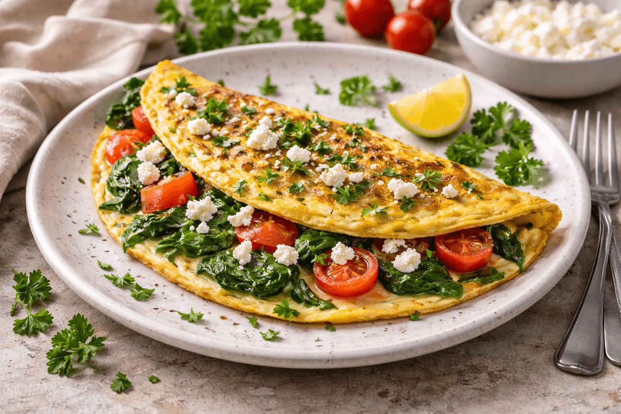 High Protein Tomaten-Spinat-Omelett mit Feta - High Protein Rezept von Fitness Küche
