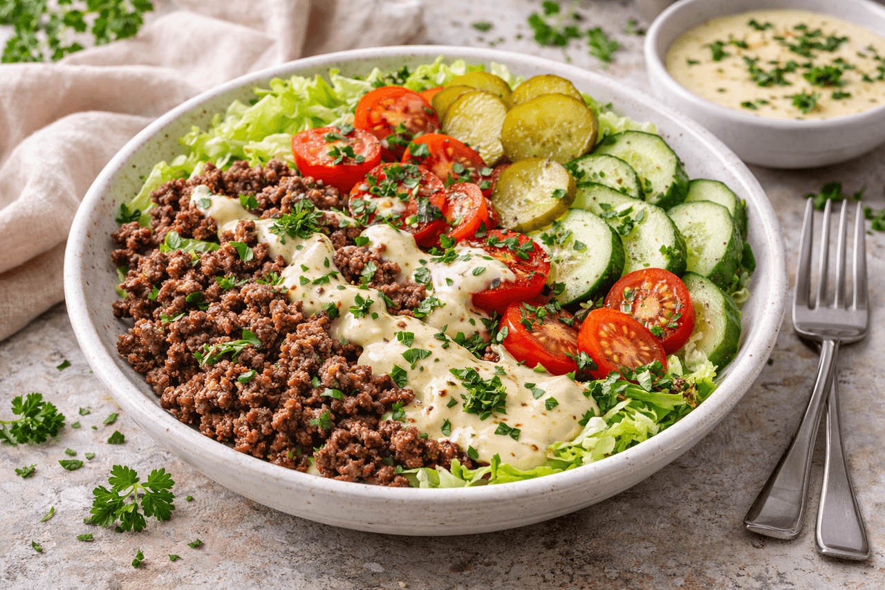 Low Carb Burger-Bowl mit Rinderhack & Joghurt-Senf-Sauce - High Protein Rezept von Fitness Küche