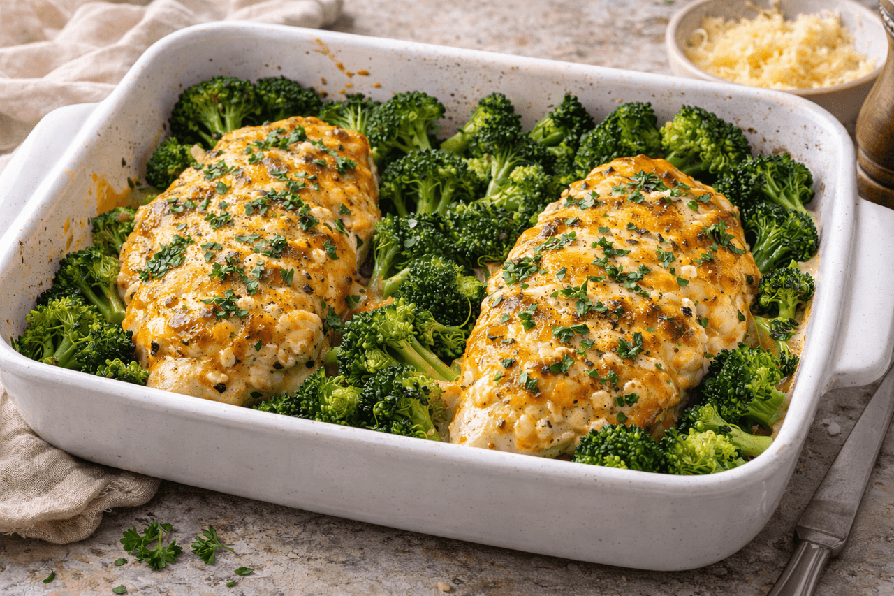 High Protein Ofen-Hähnchen mit Brokkoli & Cheddar-Kruste - High Protein Rezept von Fitness Küche