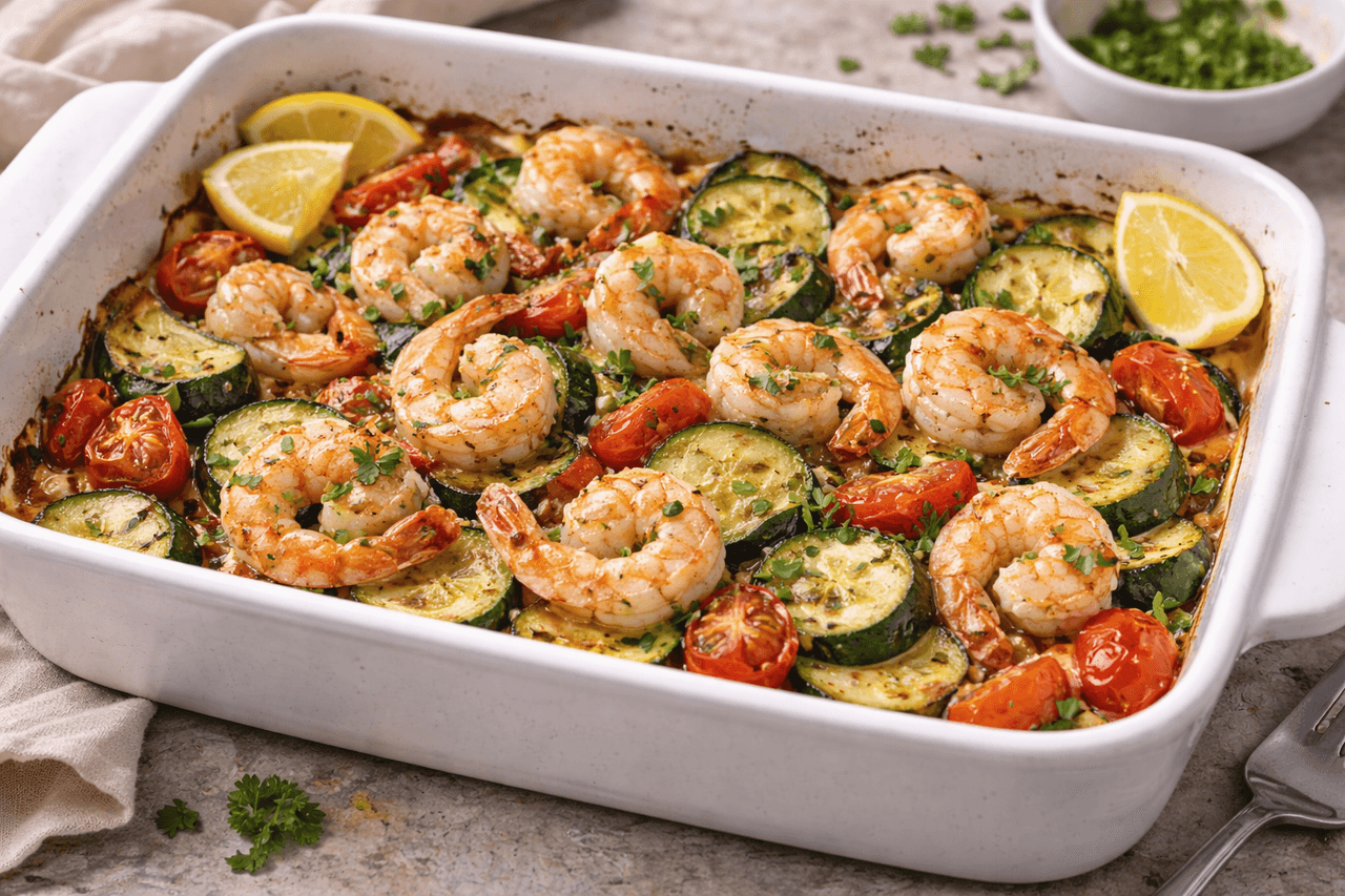 Mediterrane Ofen-Garnelen mit Zucchini & Tomaten - High Protein Rezept von Fitness Küche