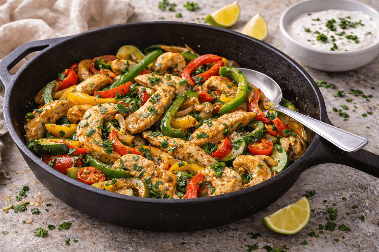 High Protein Hähnchen-Fajita-Pfanne mit Joghurt-Limetten-Dip - High Protein Rezept von Fitness Küche
