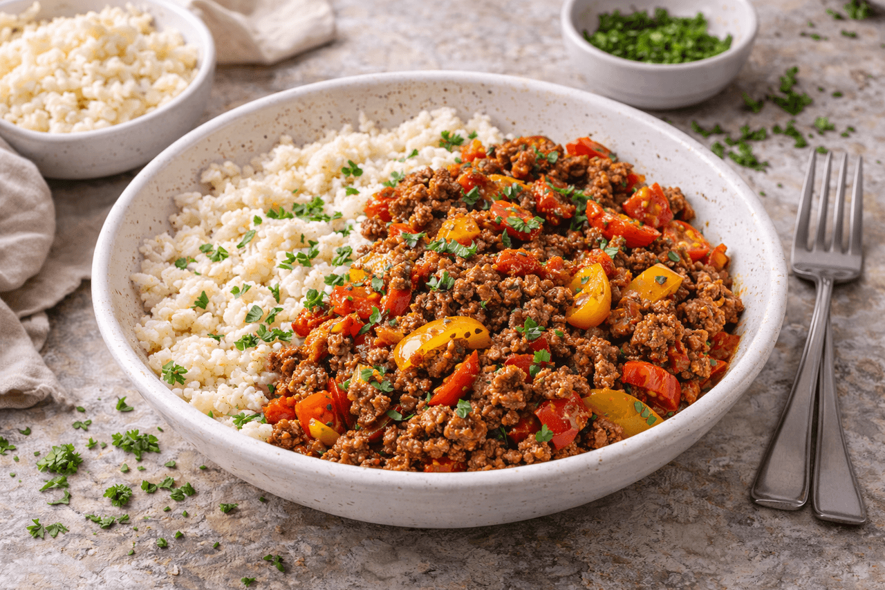 Low Carb Blumenkohlreis-Bowl mit Hack & Paprika - High Protein Rezept von Fitness Küche