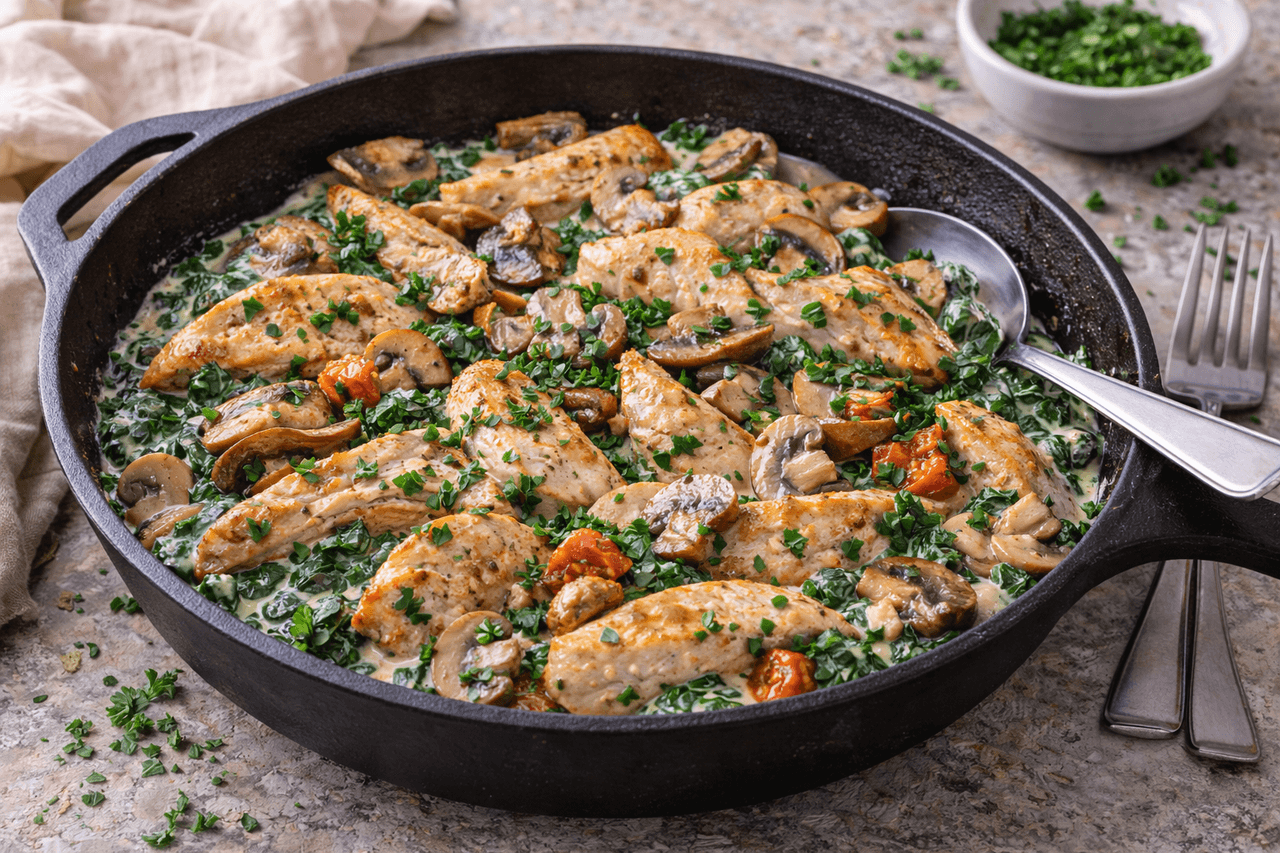 High Protein Puten-Champignon-Pfanne mit Rahmspinat - High Protein Rezept von Fitness Küche