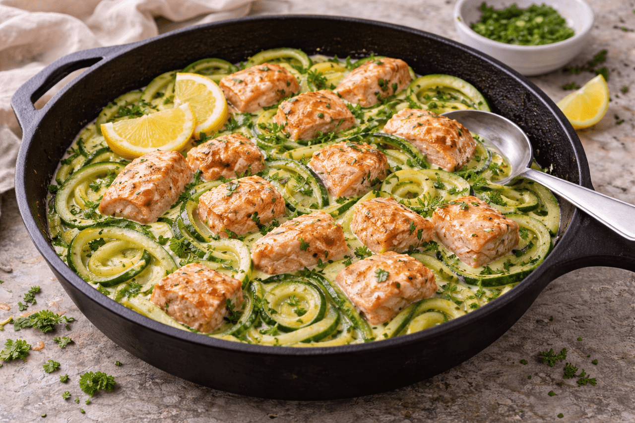 Low Carb Zoodle-Lachs-Pfanne mit Zitronen-Dill - High Protein Rezept von Fitness Küche