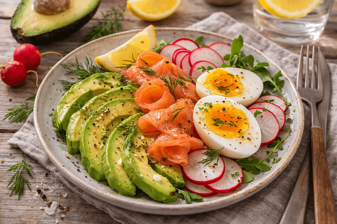 Low Carb Avocado-Lachs-Teller mit Radieschen & Ei - High Protein Rezept von Fitness Küche