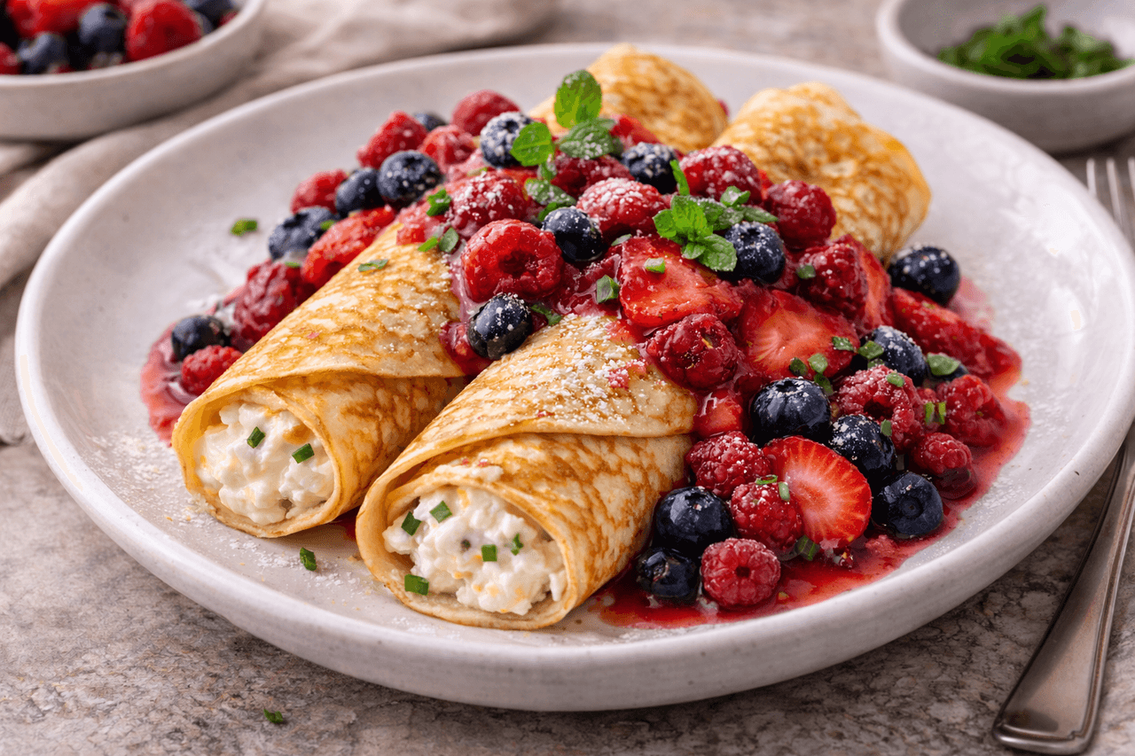 High Protein Quark-Crepes mit warmen Beeren - High Protein Rezept von Fitness Küche