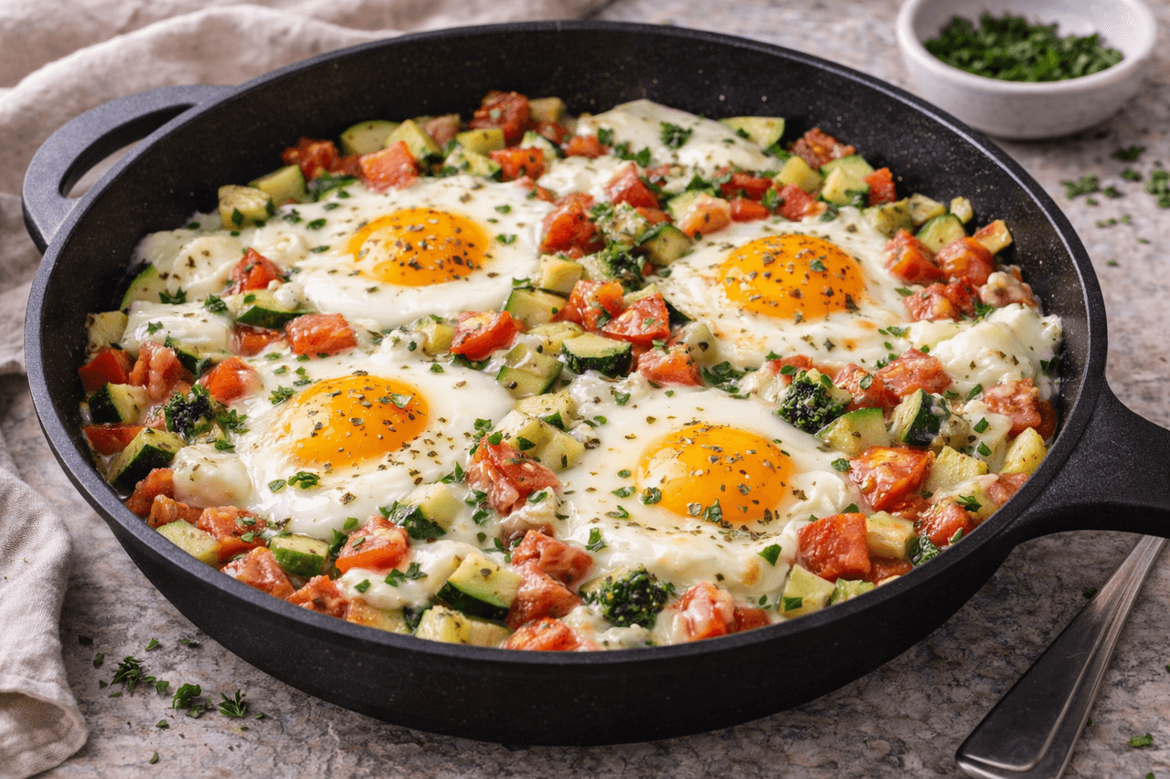 Low Carb Frühstückspfanne mit Zucchini, Ei & Mozzarella - High Protein Rezept von Fitness Küche