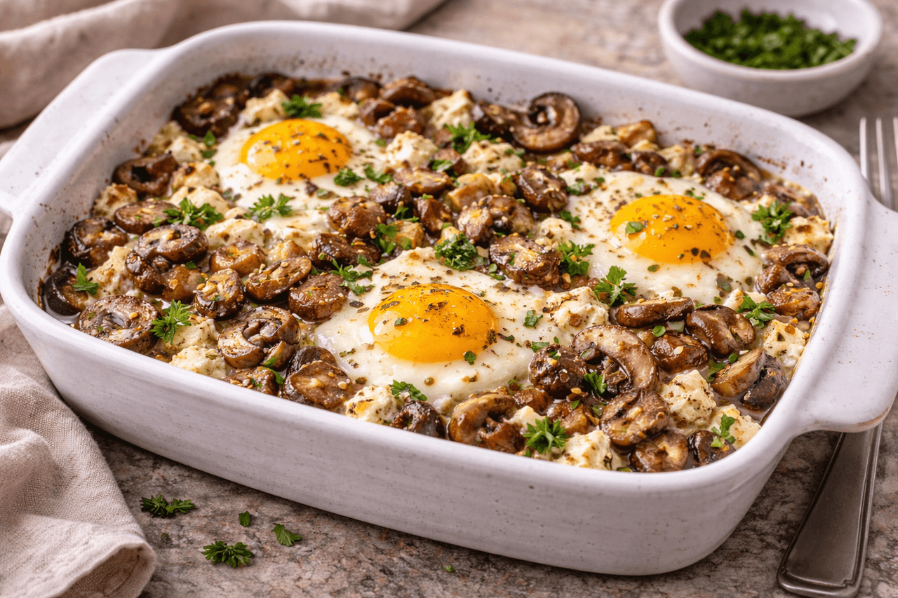 Low Carb Ofen-Eier mit Champignons & Feta - High Protein Rezept von Fitness Küche