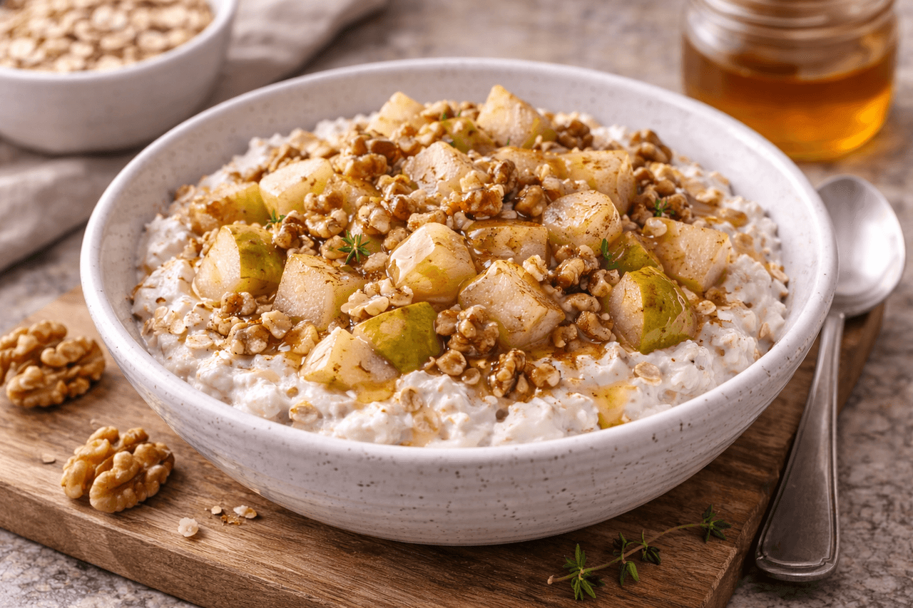 High Protein Skyr-Porridge mit Birne & Walnüssen - High Protein Rezept von Fitness Küche