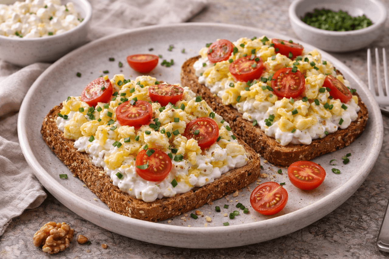 High Protein Hüttenkäse-Ei-Toast mit Tomaten & Schnittlauch - High Protein Rezept von Fitness Küche